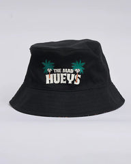 Black bucket hat with 'The Mad Hueys' logo on a light gray background