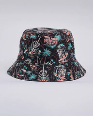 Bucket hat with 'The Mad Hueys' design on a light gray background