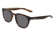 Sunglasses with tortoiseshell frame and dark lenses on a white background