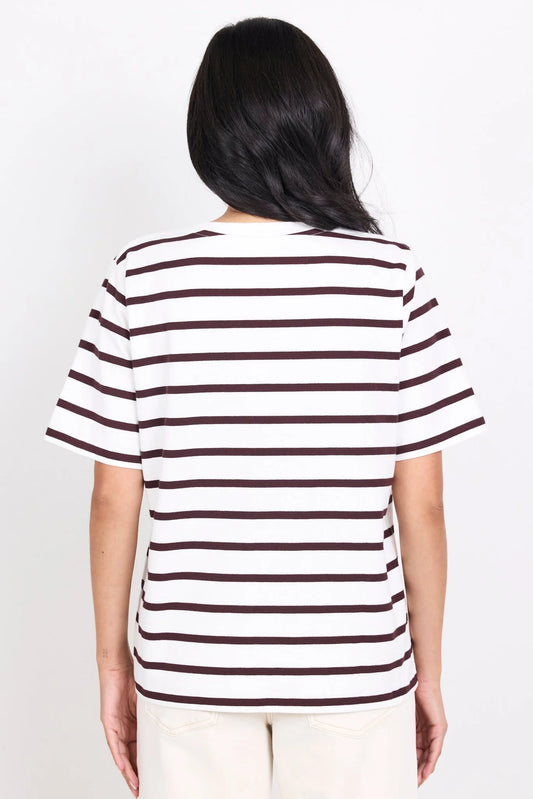 Person wearing a striped shirt with a plain background