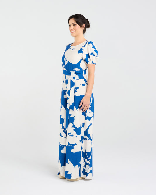 Lady wearing Blackstone Juliana Tie Waist Jumpsuit with white background