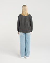 Person wearing a dark gray long-sleeve shirt and light blue jeans on a white background