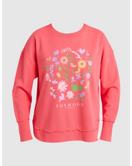 Coral sweatshirt with floral design and 'FOXWOOD' branding on a light gray background