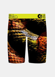 Colorful snake skin patterned boxer briefs with 'ethika' branding on a white background