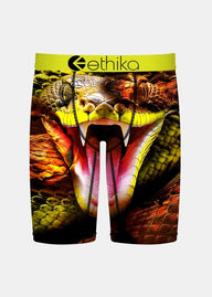 Underwear with a snake design and Ethika logo on a white background