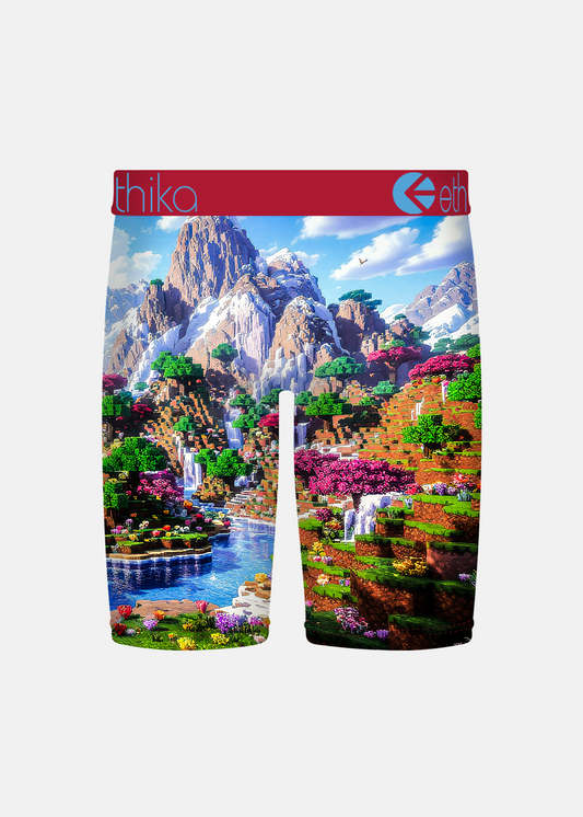 Boxer briefs with a scenic design of mountains and waterfalls on a white background