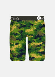 Camouflage shorts with 'ethika' branding on a white background