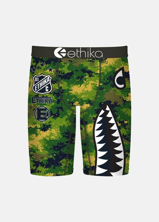 Camo green Ethika Bomber on a white background