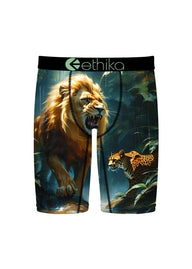 Boxer briefs with a lion and leopard design on a white background