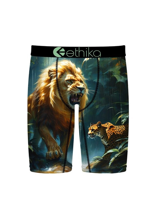 Boxer briefs with a lion and leopard design on a white background