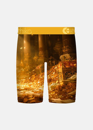 Boxer briefs with a gold-themed design on a white background