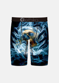 Shorts with a skull design and 'ethika' branding on a white background