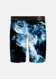 Black shorts with blue and white smoke design on a white background