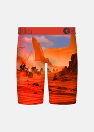 Boxer briefs with a desert landscape and off-road vehicle design on a white background