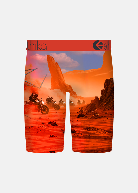 Boxer briefs with a desert landscape and off-road vehicle design on a white background