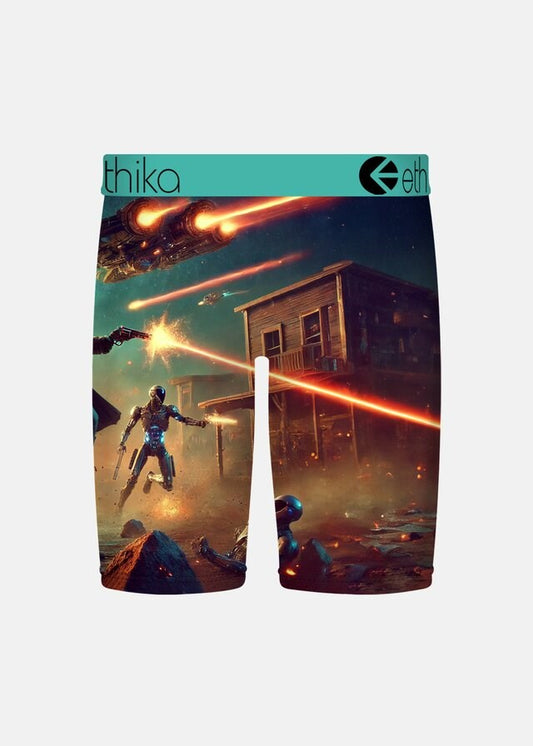 Boxer briefs with a space-themed design featuring a character with a weapon and a building on fire, branded 'ethika'.
