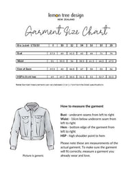 Garment size chart for a jacket with measurements and instructions on how to measure the garment, branded 'lemon tree design' from New Zealand.