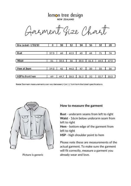 Garment size chart for a jacket with measurements and instructions on how to measure the garment, branded 'lemon tree design' from New Zealand.