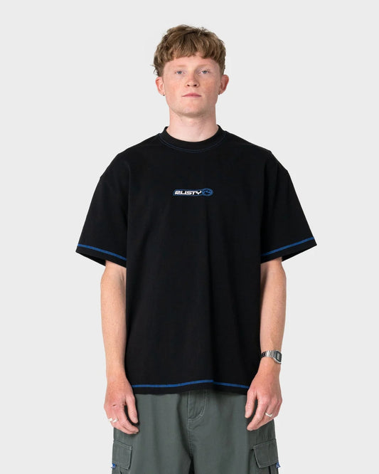 Person wearing a black t-shirt with a logo on a white background