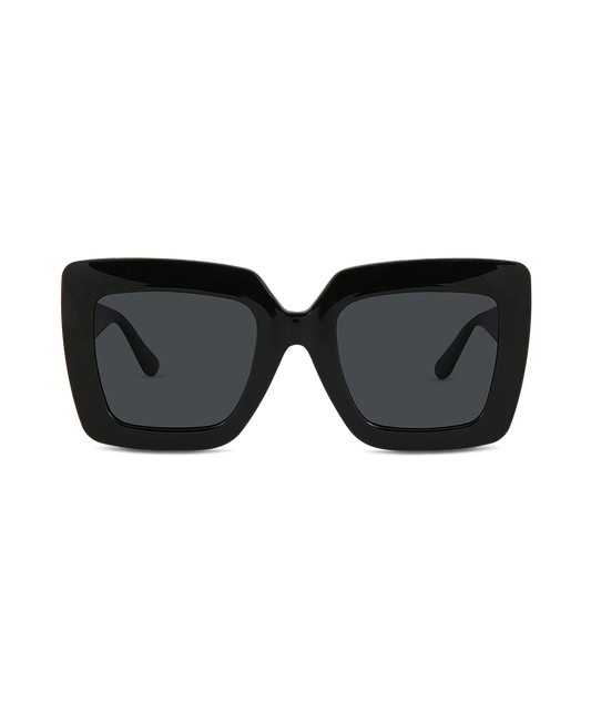 Black oversized square sunglasses with dark gray lenses, shown from the front on a plain white background.