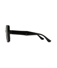 Black square sunglasses with thick frames and temple arms, shown in a side profile view against a plain white background.