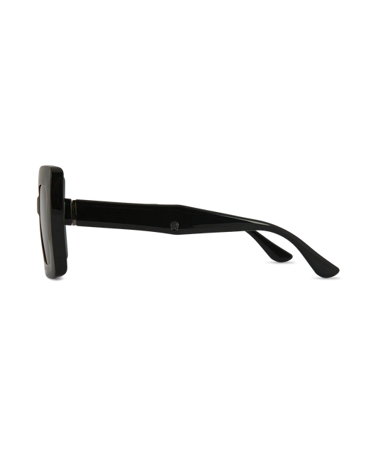 Black square sunglasses with thick frames and temple arms, shown in a side profile view against a plain white background.