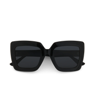Black oversized square sunglasses with dark lenses, shown from the front on a plain white background.
