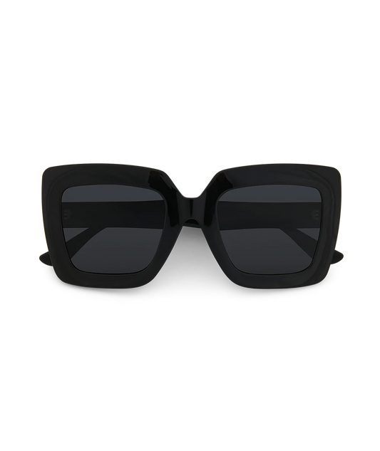 Black oversized square sunglasses with dark lenses, shown from the front on a plain white background.