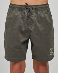 Charcoal shorts with a logo on a gray background