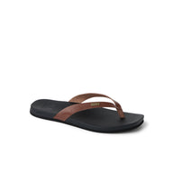 Black sandal with brown strap on a white background