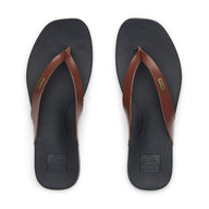 Pair of black flip-flops with brown straps on a white background
