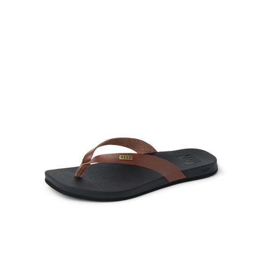 Black sandal with brown strap on a white background