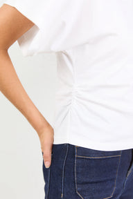 Person wearing a white shirt and blue jeans on a plain background