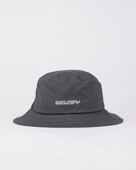 Gray bucket hat with a brand logo on a white background
