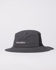 Gray bucket hat with a brand logo on a white background