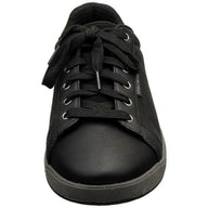 Black sneaker with laces on a white background