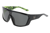 Sunglasses with black frame and green patterned arm on a white background