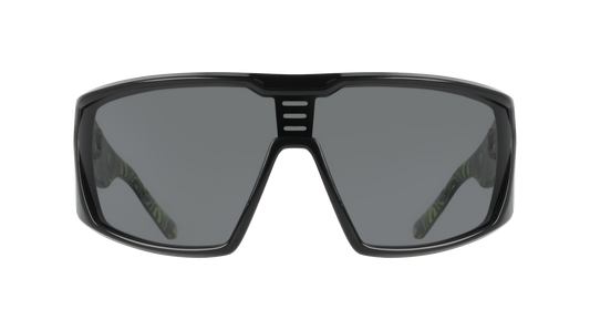 Black sunglasses with dark lenses on a white background