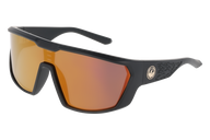 Sunglasses with black frame and orange lenses on a white background