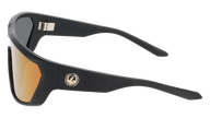 Black sunglasses with a logo on the frame against a white background