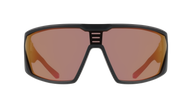 Sunglasses with black frame and red-tinted lenses on a white background