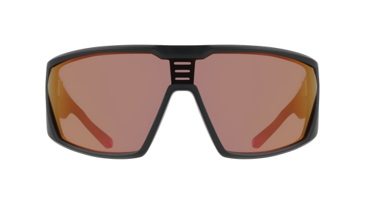 Sunglasses with black frame and red-tinted lenses on a white background