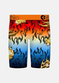 Boxer briefs with flame design and brand logo on a white background