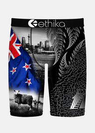 Underwear with Ethika on the waistband showing the nz flag and ferns sheep with a grey background