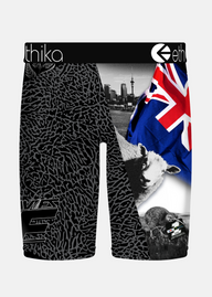 Underwear with Ethika on the waistband showing the nz flag, kiwi, sheep with a grey background