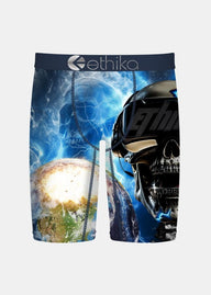 Underwear with a skull design and ethika branding on a white background