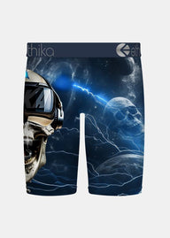 Underwear with a space-themed design featuring a helmet and skull, branded with 'ethika'.