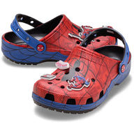 Red and blue Spider-Man themed clogs on a white background