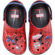 Red Spider-Man themed clogs with black soles on a white background