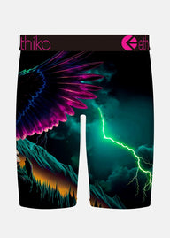 Underwear with a colorful wing design and mountain landscape on a white background